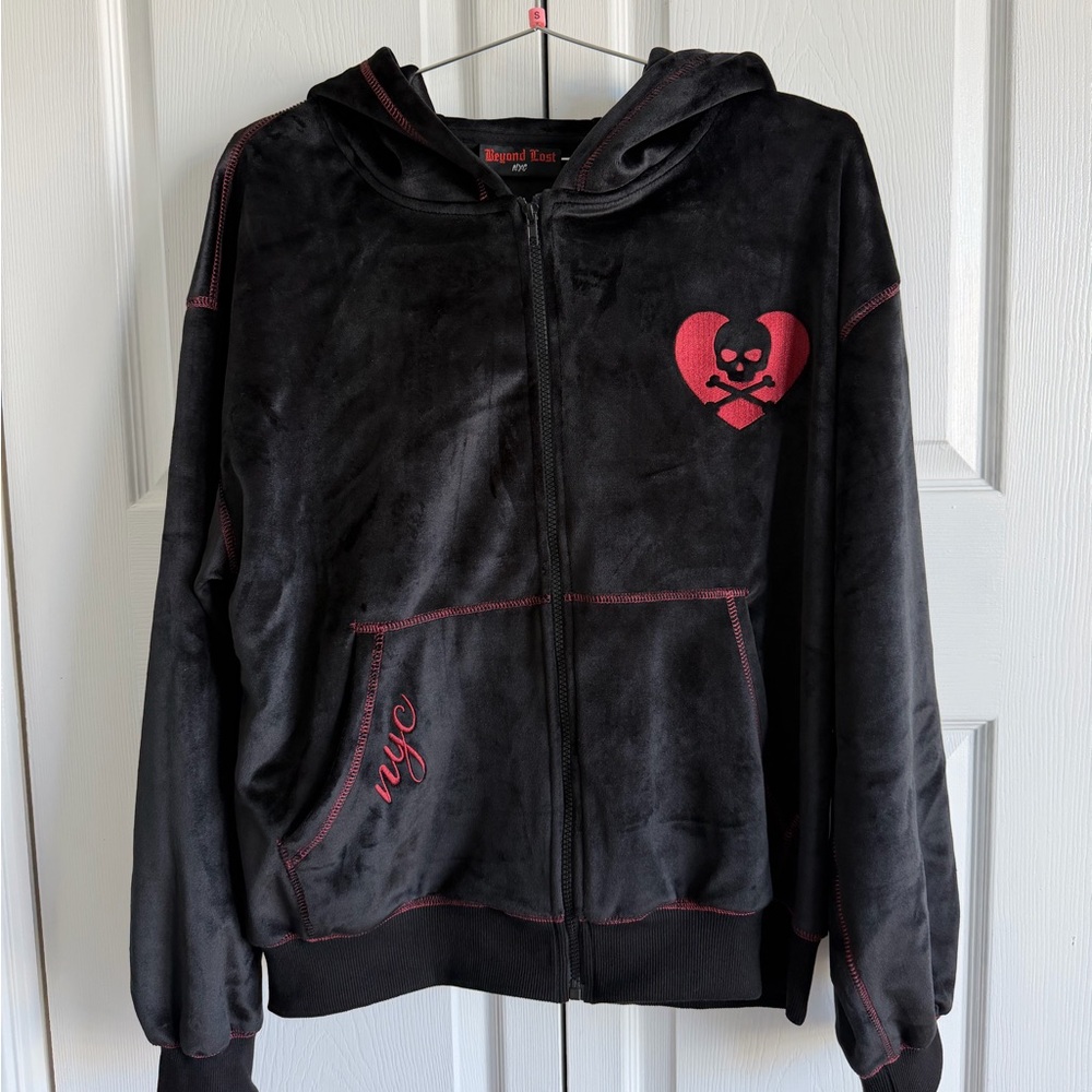 Beyond Lost NYC Luxury Black Velvet Valentine’s Day Skull Hoodie Special Edition